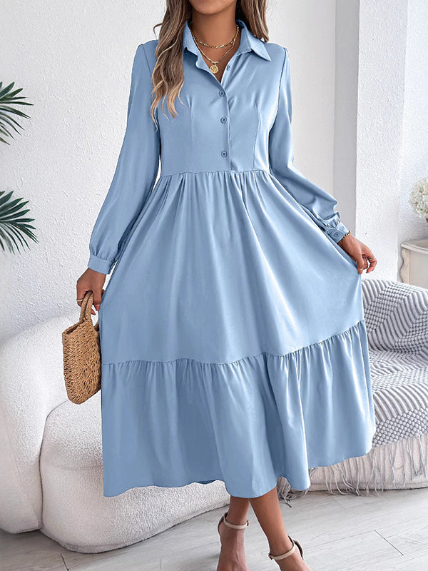 High Waisted Long Sleeves Pleated Ruffled Solid Color Lapel Midi Dresses Shirt Dress