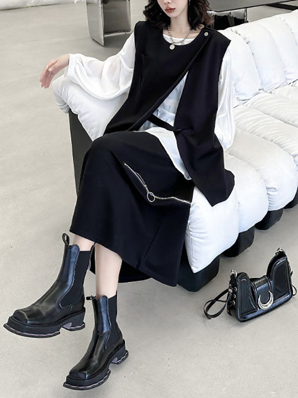 Loose Sleeveless Asymmetric Zipper Round-Neck Vest Top