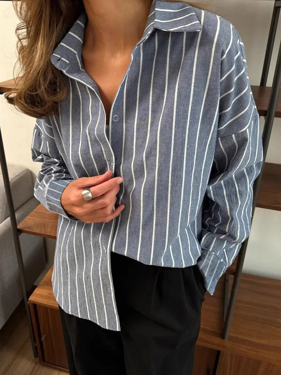 Long Sleeves Loose Buttoned Contrast Color Split-Joint Striped Lapel Blouses&Shirts Tops