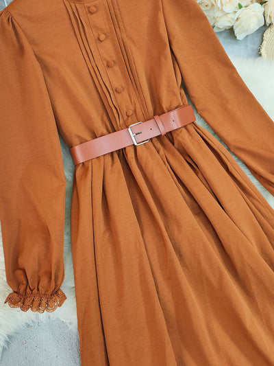 A-Line Elasticated Waist Belted Buttoned Contrast Color Pleated Split-Joint Stand Collar Maxi Dresses Shirt Dress