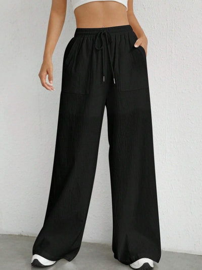 High Waisted Wide Leg Elasticity Pleated Pockets Solid Color Tied Waist Pants Trousers
