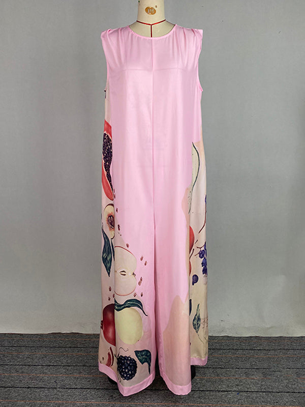 Loose Sleeveless Flower Print Round-Neck Jumpsuits