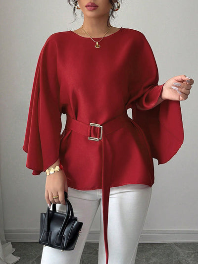 Batwing Sleeves Split-Joint Tied Waist Round-Neck Blouses&Shirts Tops