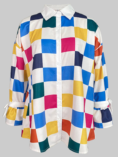 Long Sleeves Loose Buttoned Contrast Color Plaid Tied Stand Collar Blouses&Shirts Tops