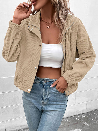 Long Sleeves Loose Buttoned Solid Color Zipper Lapel Jackets