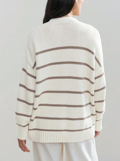 Long Sleeves Loose Split-Joint Striped V-Neck Cardigan Tops