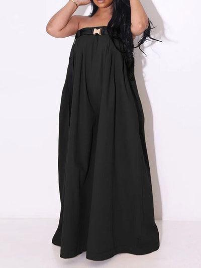 Loose Sleeveless Belted Pleated Pockets Solid Color Tube Jumpsuits