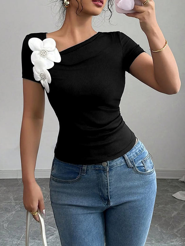 Short Sleeves Skinny Pleated Solid Color Three-Dimensional Flower Asymmetric Collar T-Shirts Tops