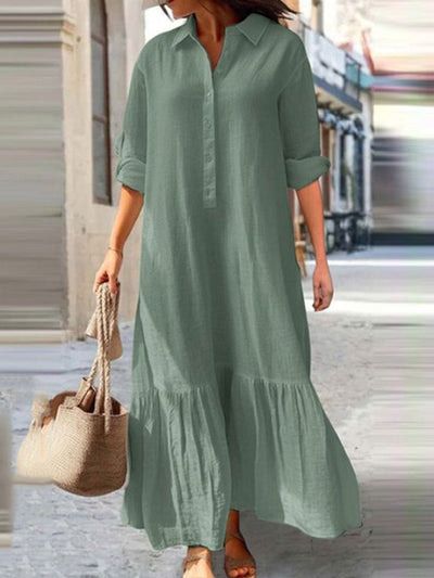 A-Line Long Sleeves Buttoned Pleated Solid Color Split-Joint Lapel Maxi Dresses