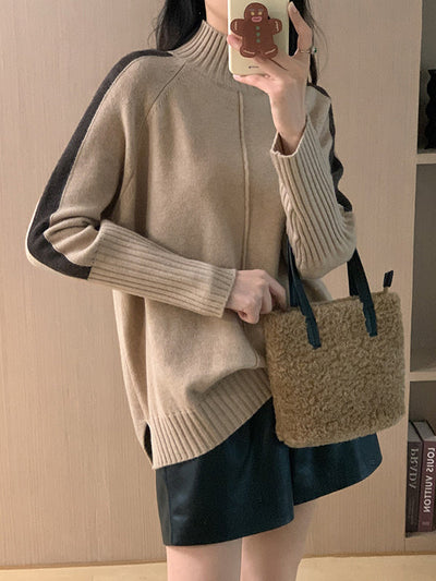 High-Low Long Sleeves Contrast Color Split-Joint Split-Side High Neck Pullovers Sweater Tops