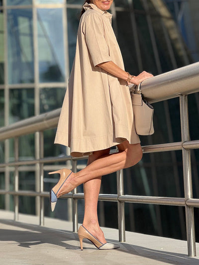 A-Line Short Sleeves Solid Color Split-Joint Lapel Mini Dresses Shirt Dress