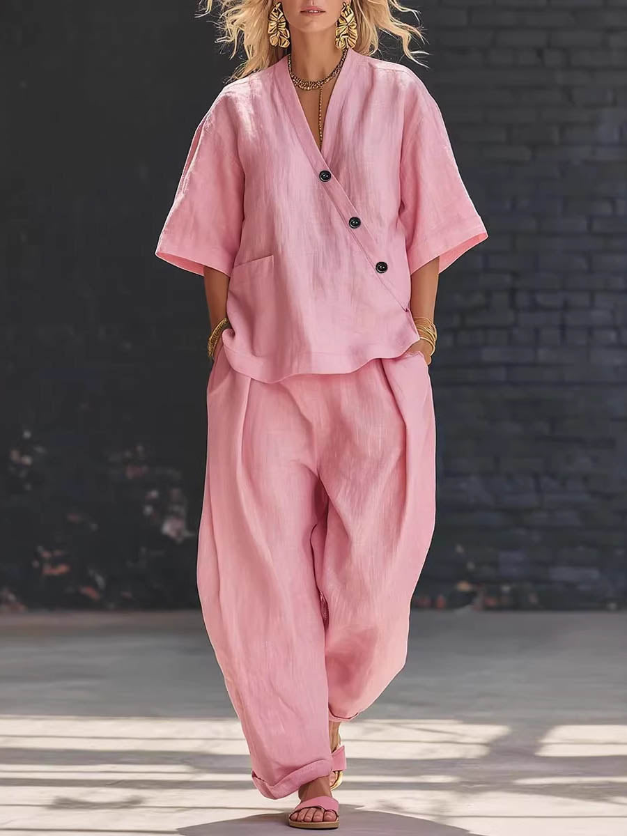 Loose Solid Color V-Neck Asymmetric Buttoned Blouses&Shirts Tops + High Waisted Pockets Pants Trousers Two Pieces Set