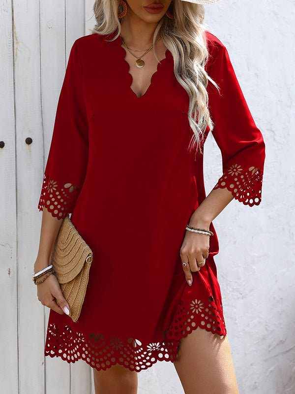 A-Line Loose Hollow Solid Color V-Neck Mini Dresses