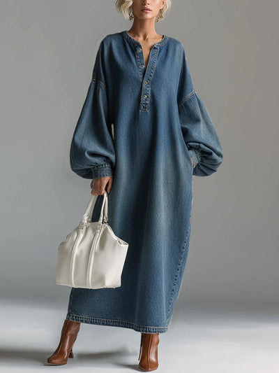 Long Sleeves Loose Buttoned Pockets Solid Color V-Neck Maxi Dresses