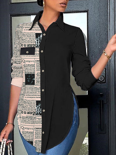 Casual Long Sleeves Loose Letter Print Contrast Color Split-Side Polo Blouses&Shirts Tops