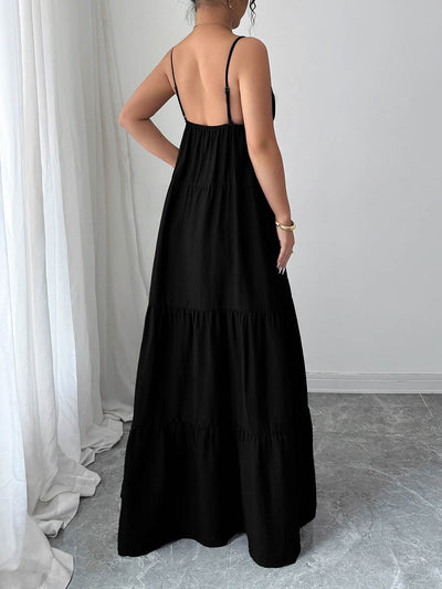 A-Line Sleeveless Backless Drawstring Pleated Solid Color Spaghetti-Neck Maxi Dresses