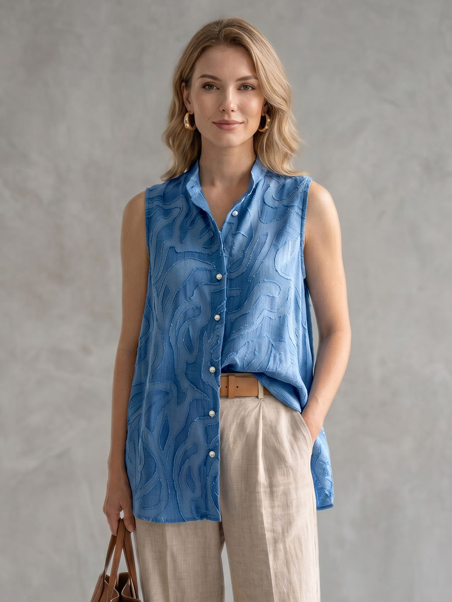 Sleeveless Buttoned Embroidered Solid Color Lapel Blouses&Shirts Tops