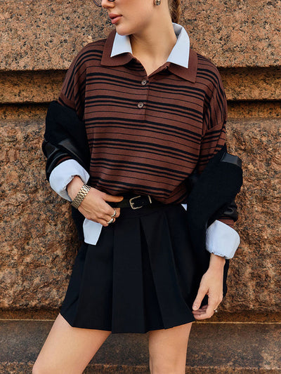 Long Sleeves Split-Joint Striped Lapel Sweater Tops