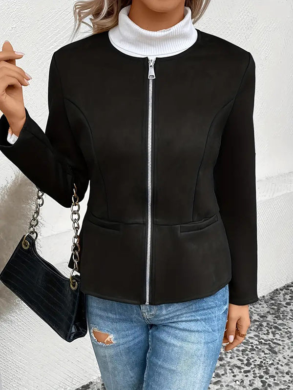Long Sleeves Loose Pockets Solid Color Split-Joint Zipper Round-Neck Jackets Outerwear