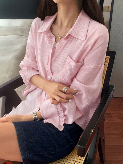 Long Sleeves Loose Buttoned Pockets Ruffle Trim Solid Color Lapel Blouses&Shirts Tops