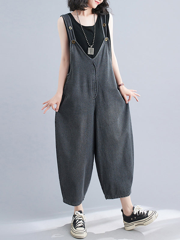 Cropped Loose Denim Buttoned Overalls