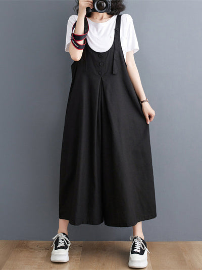 Ninth Pants Wide Leg Buttoned Solid Color Spaghetti-Neck Overalls
