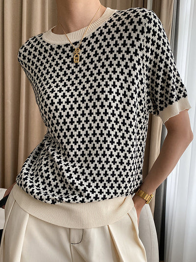 Half Sleeves Houndstooth Round-Neck Sweater Tops