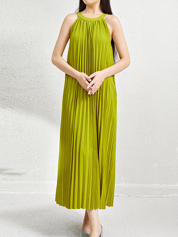 Loose Sleeveless Hollow Pleated Pockets Solid Color Halter-Neck Maxi Dresses
