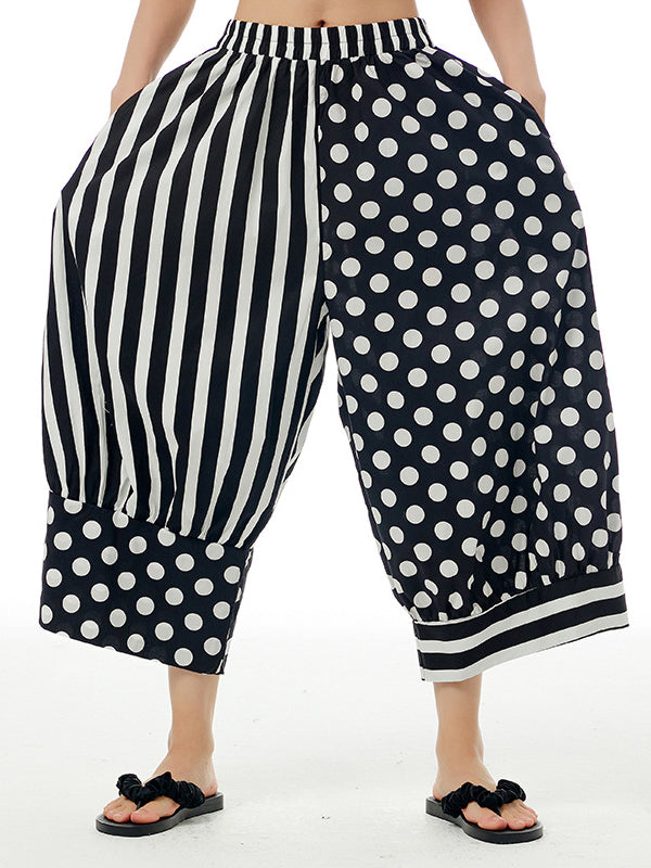 Loose Wide Leg Contrast Color Elasticity Polka-Dot Split-Joint Striped Cropped Trousers Pants