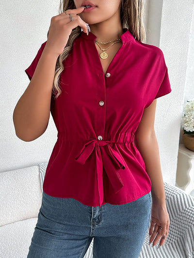 Short Sleeves Buttoned Comfort Solid Color Tied Waist Stand Collar Blouses&Shirts Tops