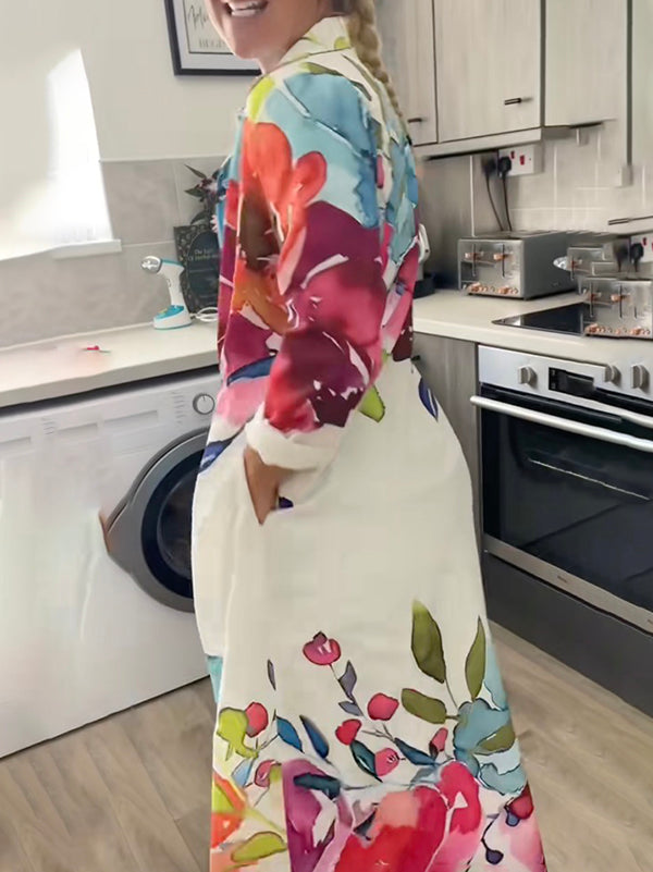 Long Sleeves Loose Buttoned Flower Print Lapel Maxi Dresses Shirt Dress