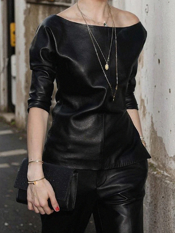 Half Sleeves Loose Solid Color Split-Joint One-Shoulder T-Shirts