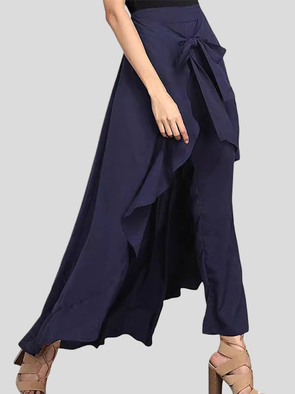 Loose Ruffle Trim Solid Color Split-Joint Tied Waist Zipper Culotte