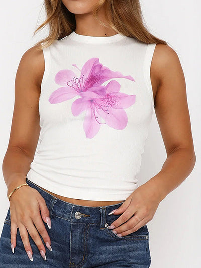 Skinny Sleeveless Flower Print Round-Neck Vest Top