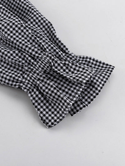Loose  Contrast Color Plaid Ruffled Split-Joint  Long Sleeves Buttoned Lapel Blouses&Shirts Tops + Pants Two Pieces Set