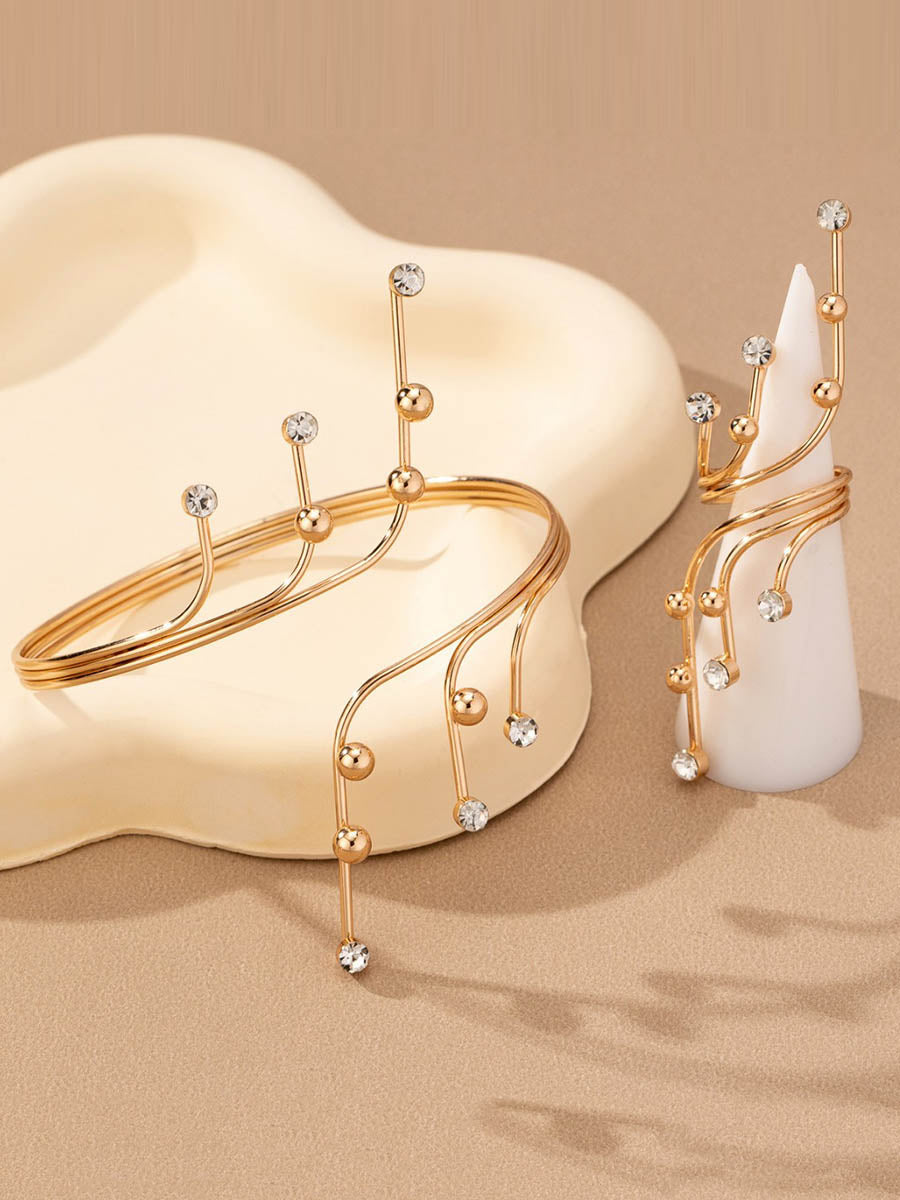 Irregularity Rhine Stones Shiny Split-Joint Bracelet Accessories + Rings Accessories Two Pieces Set