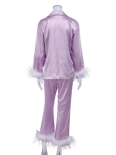 Long Sleeves Buttoned Feathers Split-Joint Notched Collar Shirts Top + Pants Bottom Pajama Sets