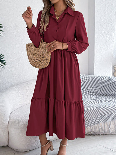 High Waisted Long Sleeves Pleated Ruffled Solid Color Lapel Midi Dresses Shirt Dress