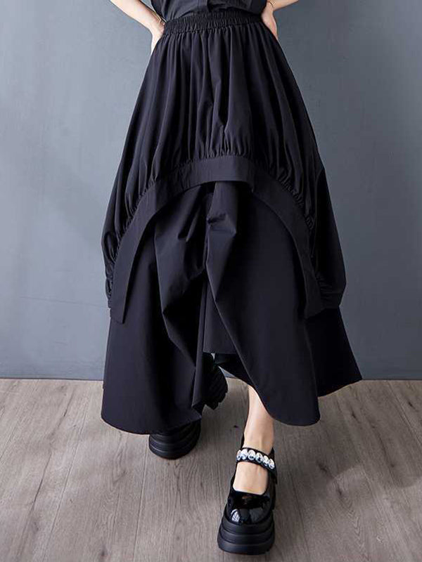 A-Line Loose Asymmetric Elasticity Pleated Pockets Solid Color Skirts Bottoms