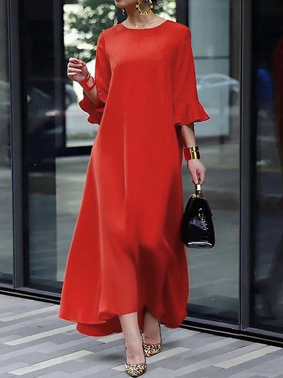 A-Line Flared Sleeves Solid Color Zipper Round-Neck Maxi Dresses
