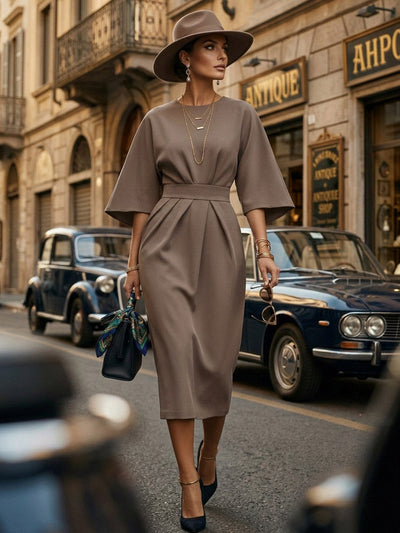 Batwing Sleeves Elasticated Waist Pleated Solid Color Split-Joint Round-Neck Midi Dresses