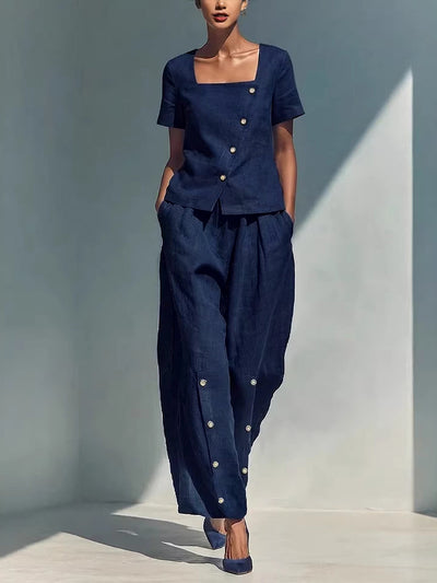 Loose Short Sleeves Buttoned Solid Color Square-Neck Blouses&Shirts Tops
