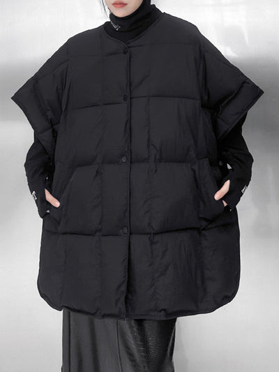 Batwing Sleeves Half Sleeves Buttoned Solid Color Round-Neck Padded Vest