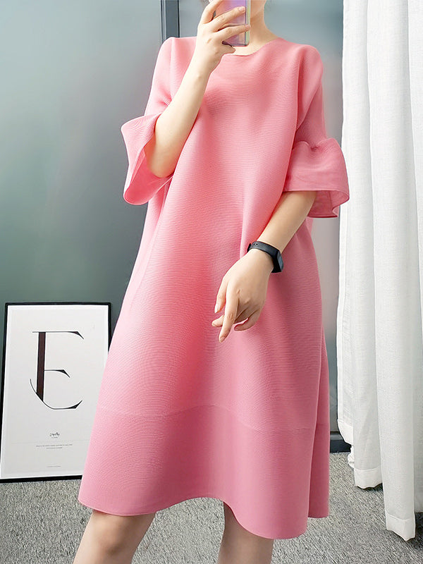 A-line Flared Sleeves Pleated Solid Color Round-neck Maxi Dresses Midi Dresses