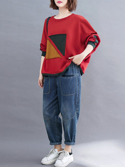 Artistic Retro Loose Triangle Applique Contrast Color Round-Neck Long Raglan Sleeves Sweatshirt