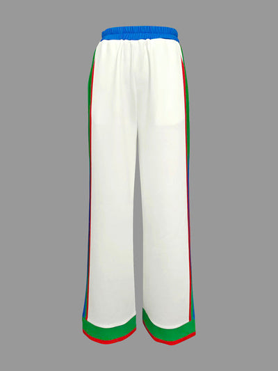 Column Contrast Color Pockets Striped Casual Pants Bottoms Trousers