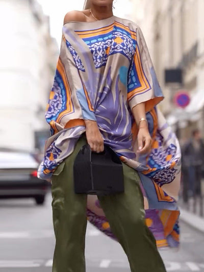 Batwing Sleeves Half Sleeves Contrast Color Printed One-shoulder Blouses&shirts Tops