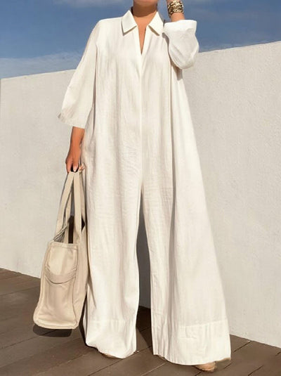 Loose Three-Quarter Sleeves Solid Color Lapel Jumpsuits