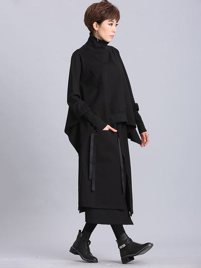 Raised Bands Split-Joint Asymmetric Black Empire Skirt