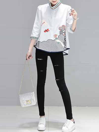 Loose Plus Size Embroidered Figure Stand Collar Blouses&Shirts Tops